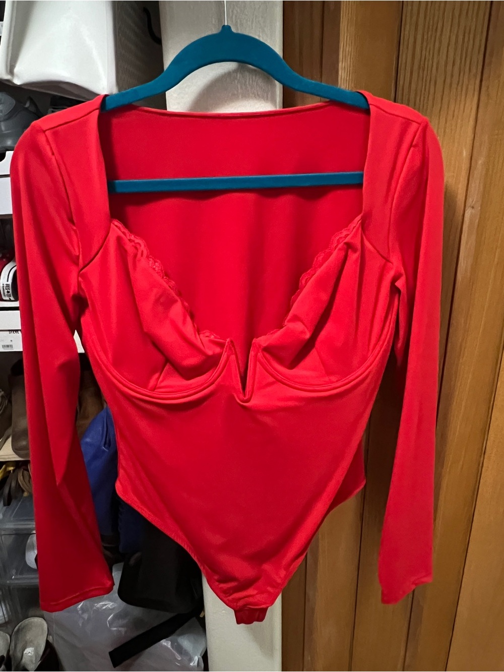 Popilush Red Long-Sleeve V-Neck Bodysuit